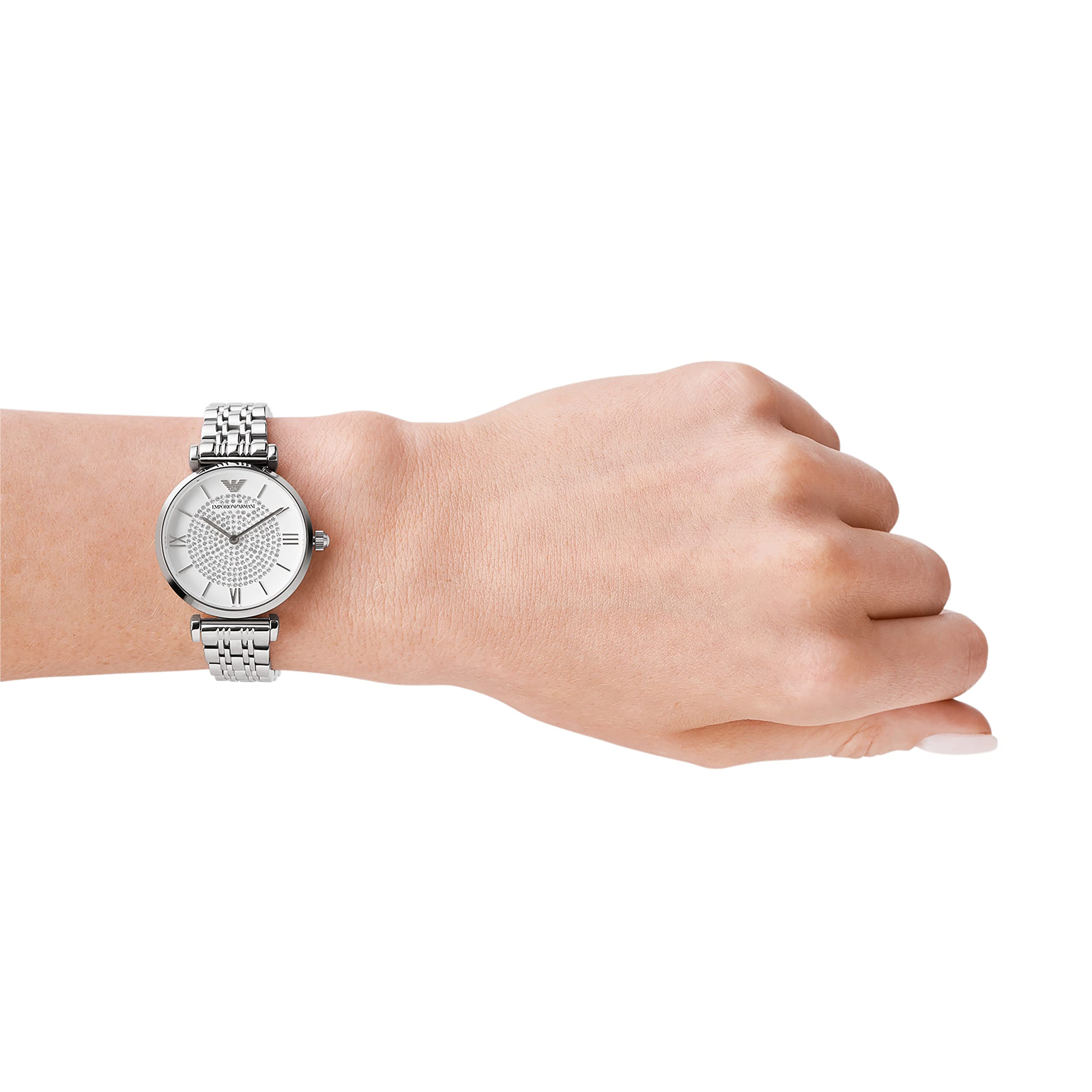 Emporio Armani Gianni T Bar White Crystal Pave Dial Silver Stainless Steel Strap Watch For Women - AR1925