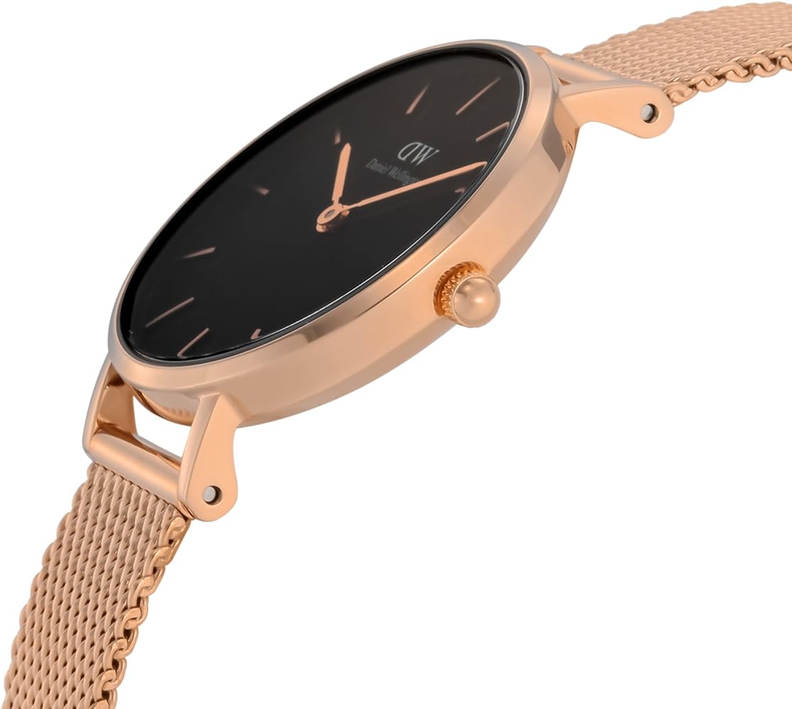 Shop Authentic Daniel Wellington Classic Petite Melrose Black Dial Rose Gold Mesh Bracelet Watch For Women - DW00100217 - Luxxuri