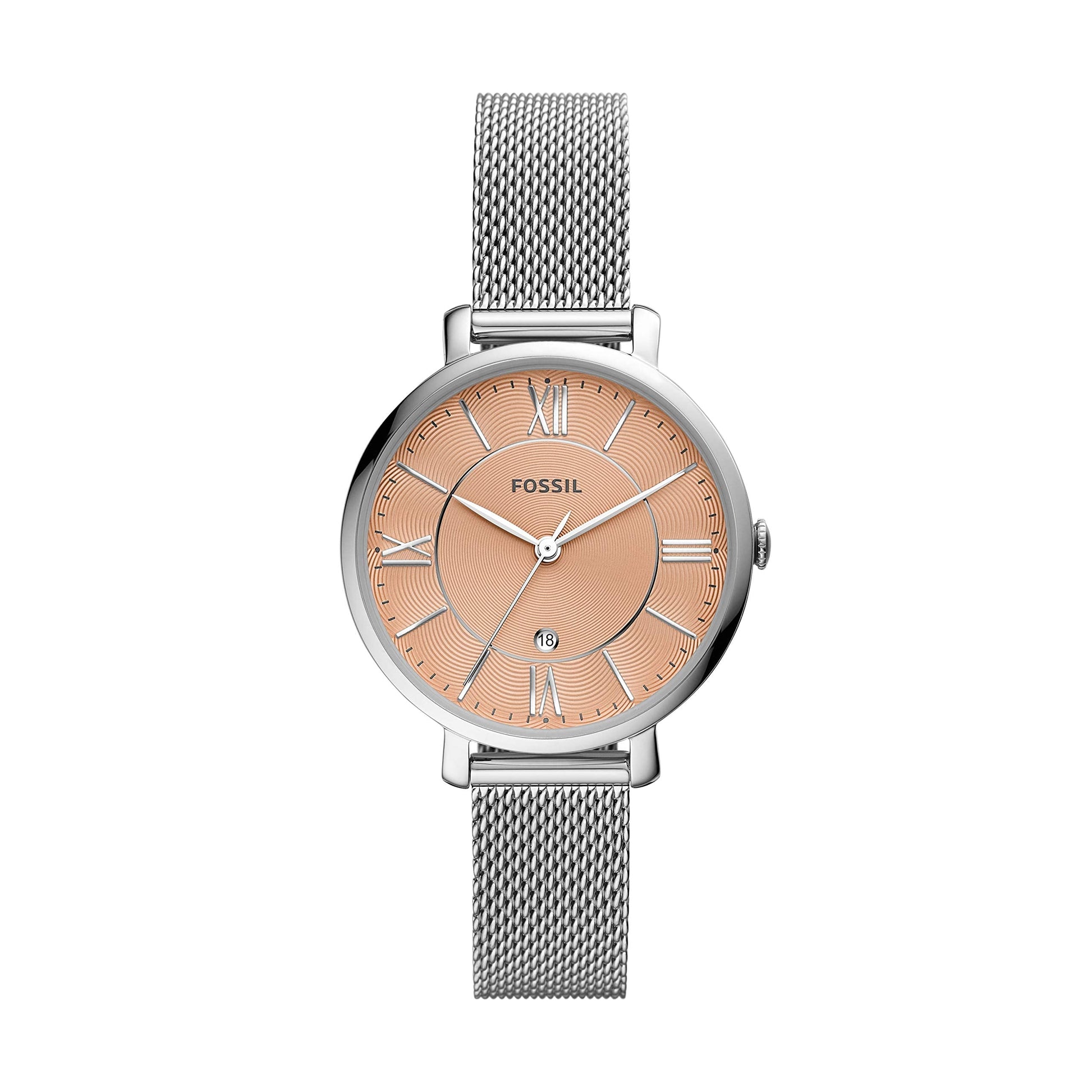 Fossil Jacqueline Three Hand Pink Dial Silver Mesh Strap Watch for Women - ES5089