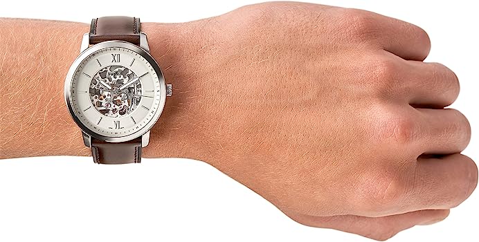 Fossil Neutra Automatic Skeleton White Dial Brown Leather Strap Watch for Men - ME3184