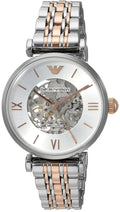 Shop Authentic Emporio Armani Gianni T Bar Silver Skeleton Dial Two Tone Strap Watch For Women - AR1992 - Luxxuri