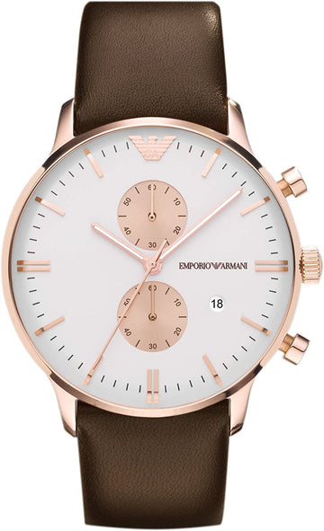 Shop Authentic Emporio Armani Gianni Classic Chronograph White Dial Brown Leather Strap Watch For Men - AR0398 - Luxxuri