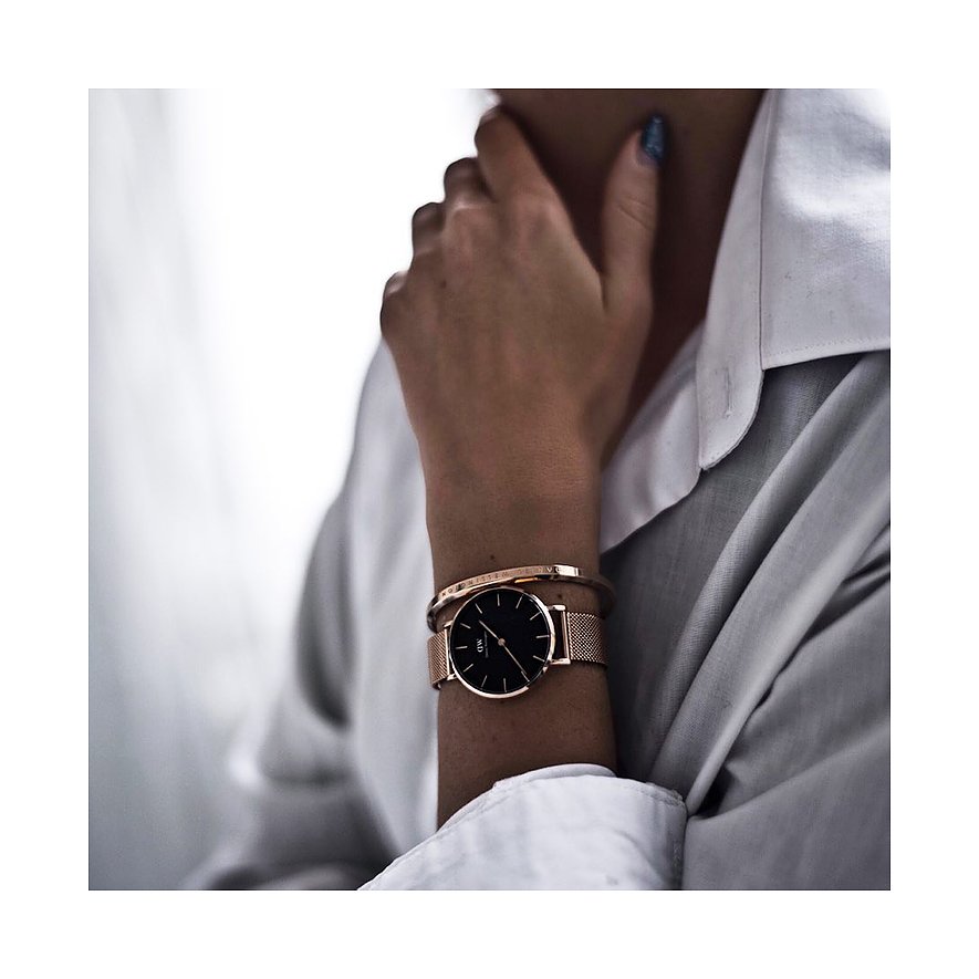 Shop Authentic Daniel Wellington Classic Petite Melrose Black Dial Rose Gold Mesh Bracelet Watch For Women - DW00100217 - Luxxuri