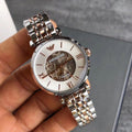 Shop Authentic Emporio Armani Gianni T Bar Silver Skeleton Dial Two Tone Strap Watch For Women - AR1992 - Luxxuri