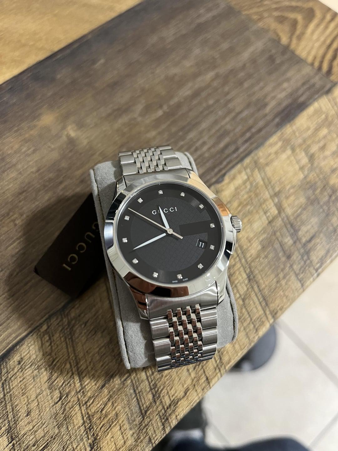 Shop Authentic Gucci G Timeless Diamonds Black Dial Silver Steel Strap Watch For Men - YA126405 - Luxxuri