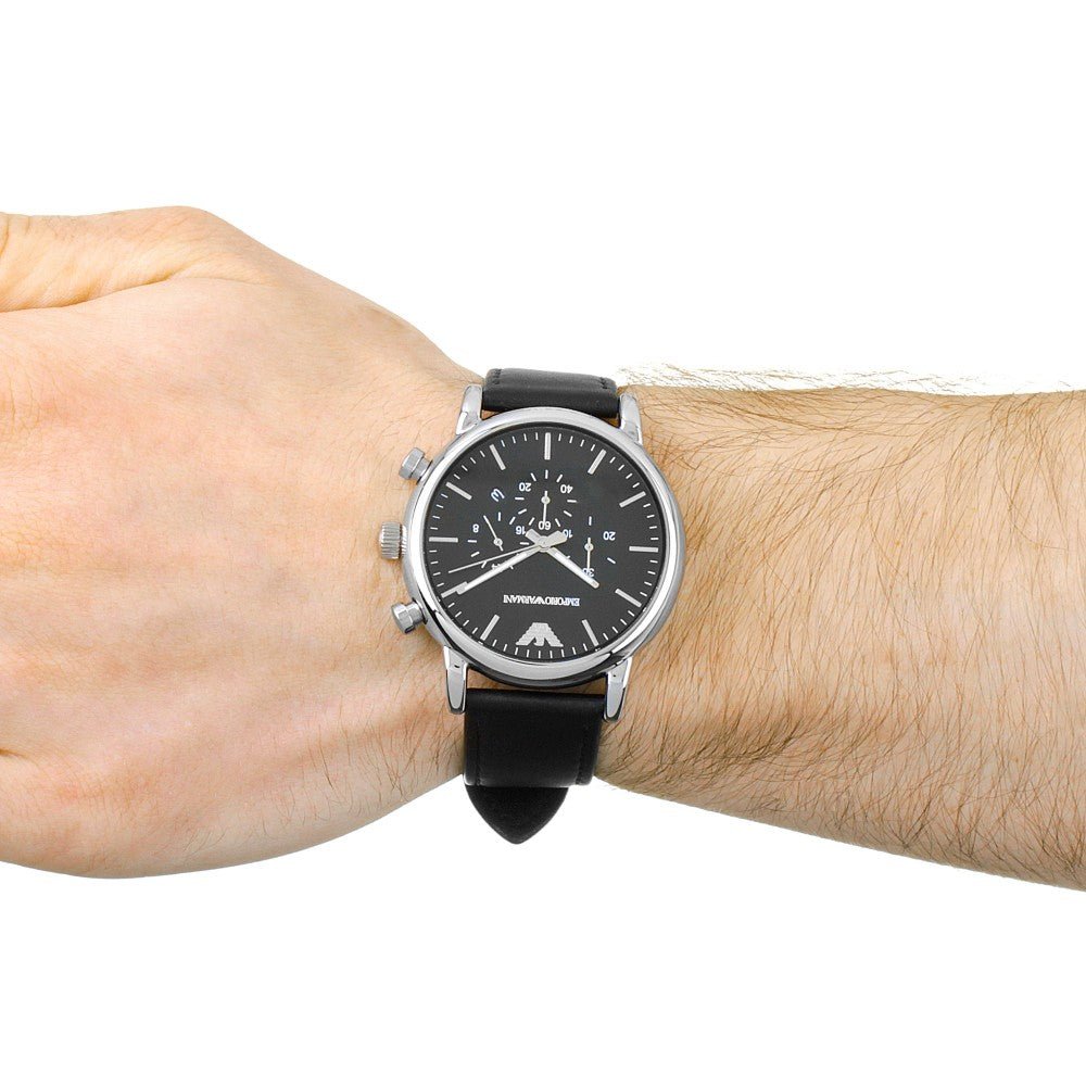 Shop Authentic Emporio Armani Luigi Chronograph Black Dial Black Leather Watch For Men - AR1828 - Luxxuri