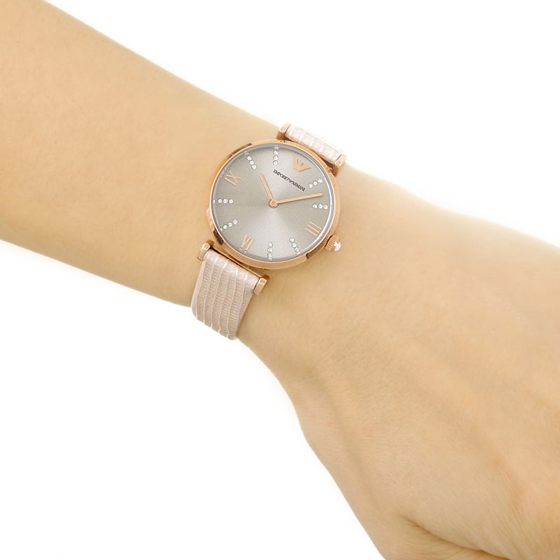 Emporio Armani Gianni T Bar Gunmetal Dial Beige Leather Strap Watch For Women - AR1681