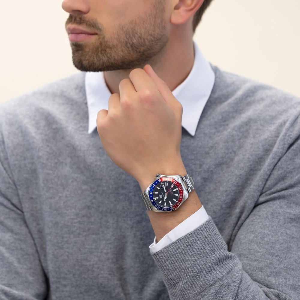 Shop Authentic Tag Heuer Aquaracer GMT Caliber 7 Pepsi Black Dial Silver Steel Strap Watch for Men - WAY201F.BA0927 - Luxxuri