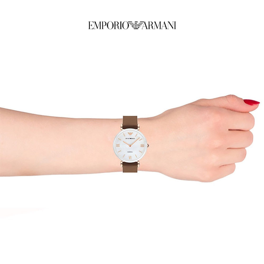 Shop Authentic Emporio Armani Gianni T Bar Quartz Mother of Pearl White Dial Brown Leather Strap Watch For Women - AR11040 - Luxxuri