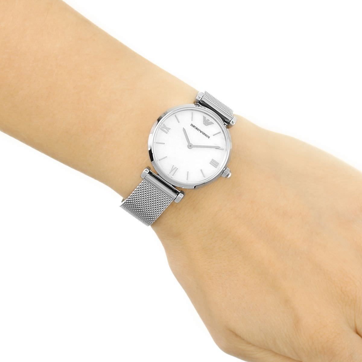 Emporio Armani Gianni T Bar Mother of Pearl Dial Silver Steel Strap Watch For Women - AR1955