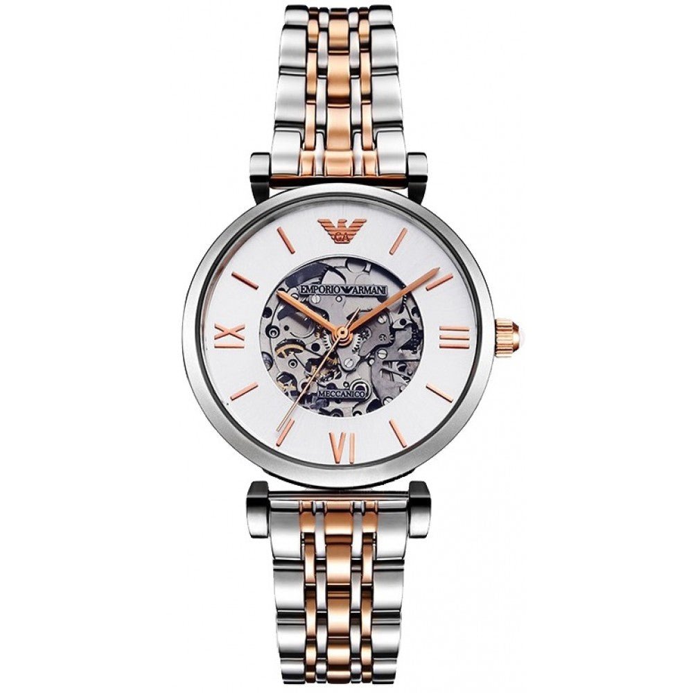 Emporio Armani Gianni T Bar Silver Skeleton Dial Two Tone Strap Watch For Women - AR1992