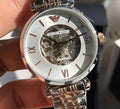Shop Authentic Emporio Armani Gianni T Bar Silver Skeleton Dial Two Tone Strap Watch For Women - AR1992 - Luxxuri