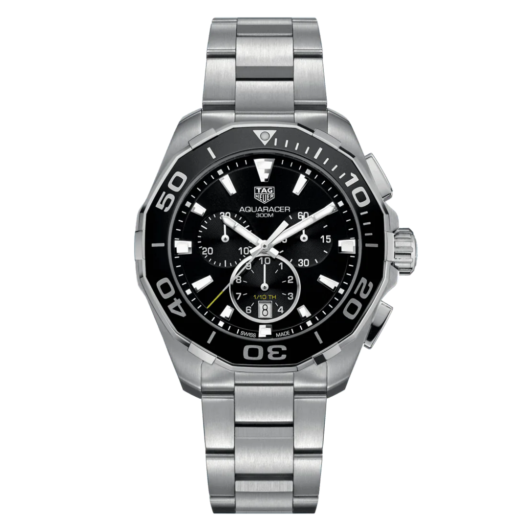 Shop Authentic Tag Heuer Aquaracer Quartz Chronograph Black Dial Silver Steel Strap Watch for Men - CAY111A.BA0927 - Luxxuri