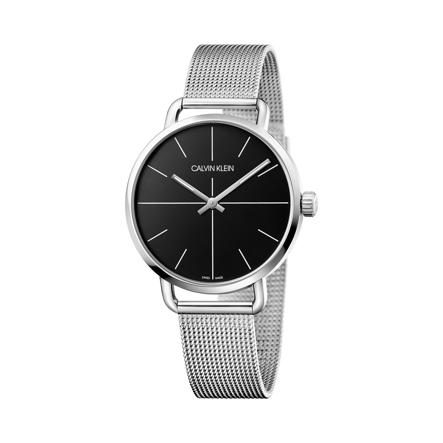 Shop Authentic Calvin Klein Even Black Dial Silver Mesh Bracelet Watch for Women - K7B23121 - Luxxuri