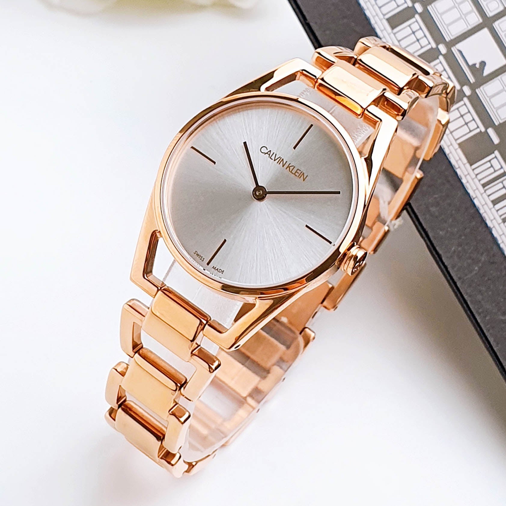 Shop Authentic Calvin Klein Dainty White Dial Rose Gold Steel Strap Watch for Women - K7L23646 - Luxxuri