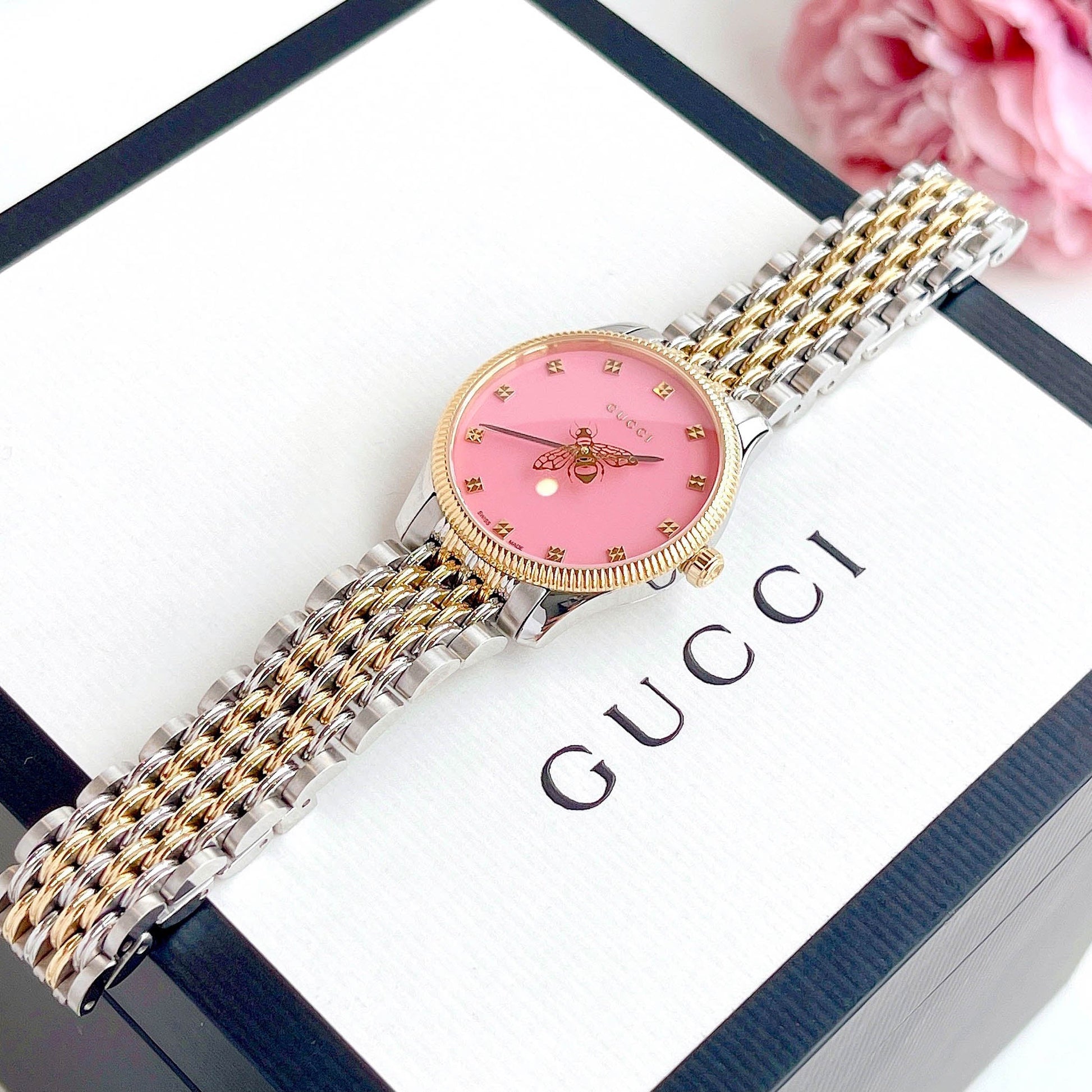 Shop Authentic Gucci G Timeless Quartz Pink Dial Two Tone Steel Strap Watch For Women - YA1265030 - Luxxuri