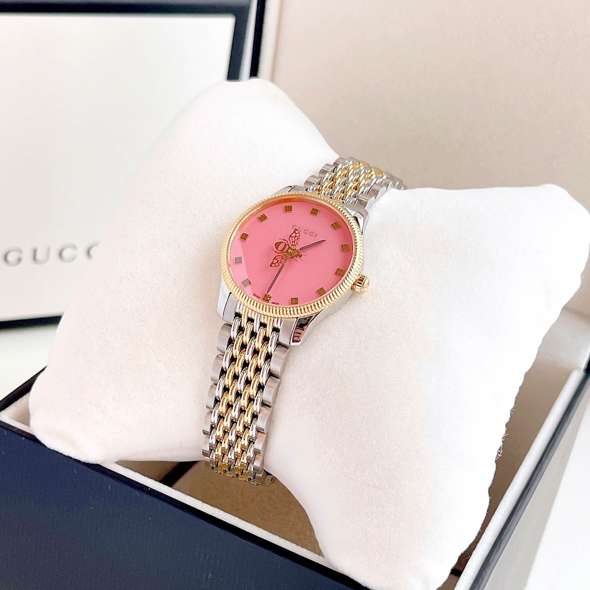 Shop Authentic Gucci G Timeless Quartz Pink Dial Two Tone Steel Strap Watch For Women - YA1265030 - Luxxuri