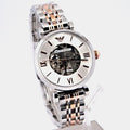 Shop Authentic Emporio Armani Gianni T Bar Silver Skeleton Dial Two Tone Strap Watch For Women - AR1992 - Luxxuri