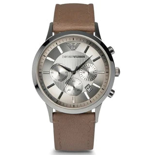 Shop Authentic Emporio Armani Classic Chronograph Silver Dial Brown Leather Strap Watch For Men - AR2471 - Luxxuri