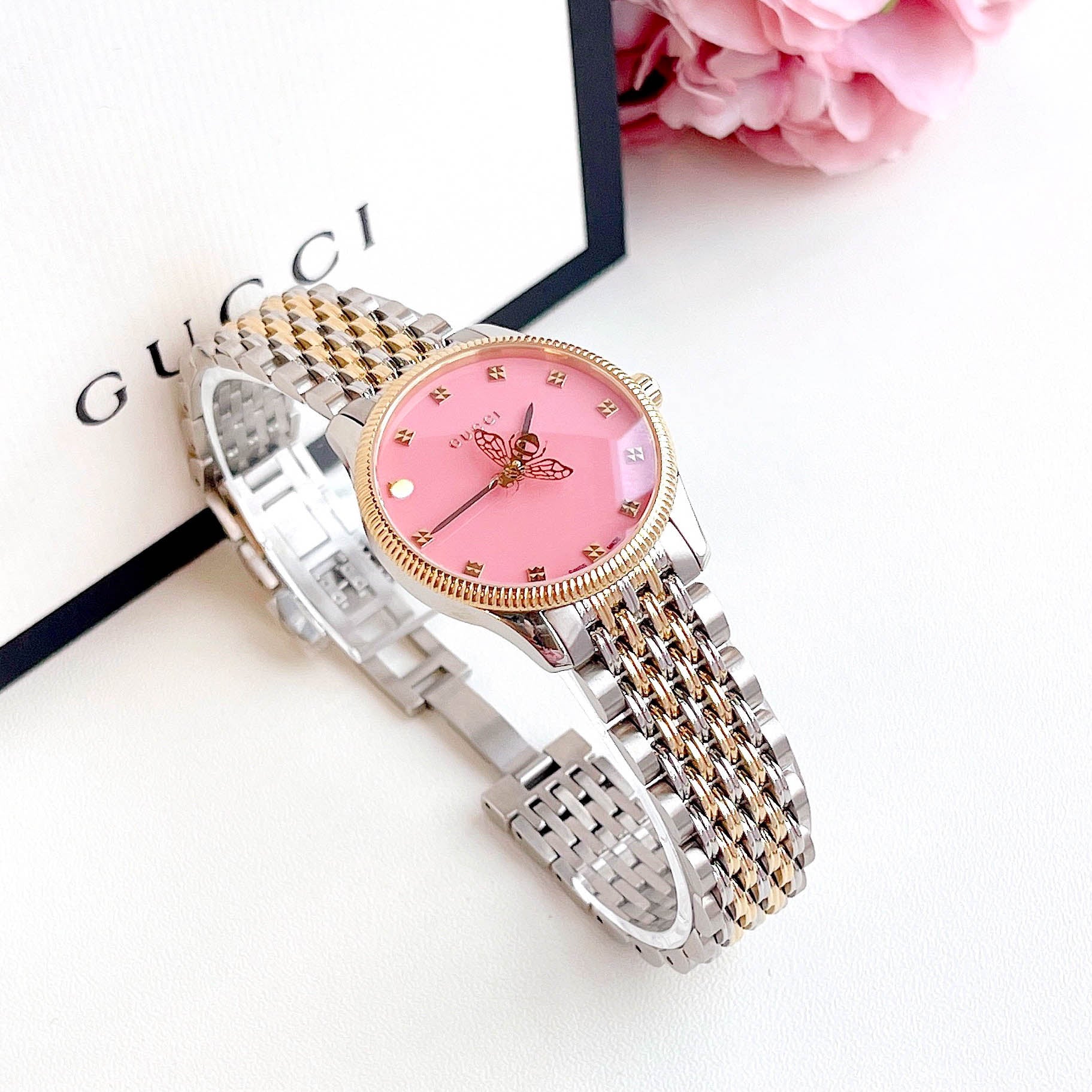 Shop Authentic Gucci G Timeless Quartz Pink Dial Two Tone Steel Strap Watch For Women - YA1265030 - Luxxuri