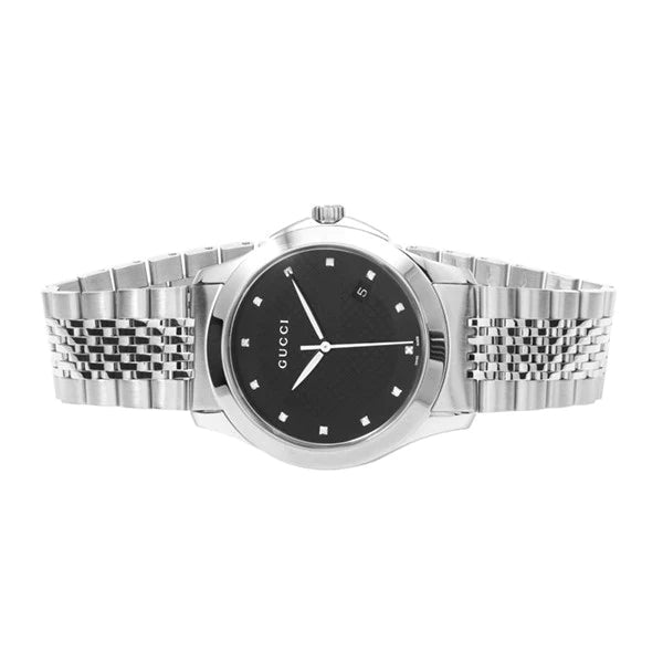 Shop Authentic Gucci G Timeless Diamonds Black Dial Silver Steel Strap Watch For Men - YA126405 - Luxxuri