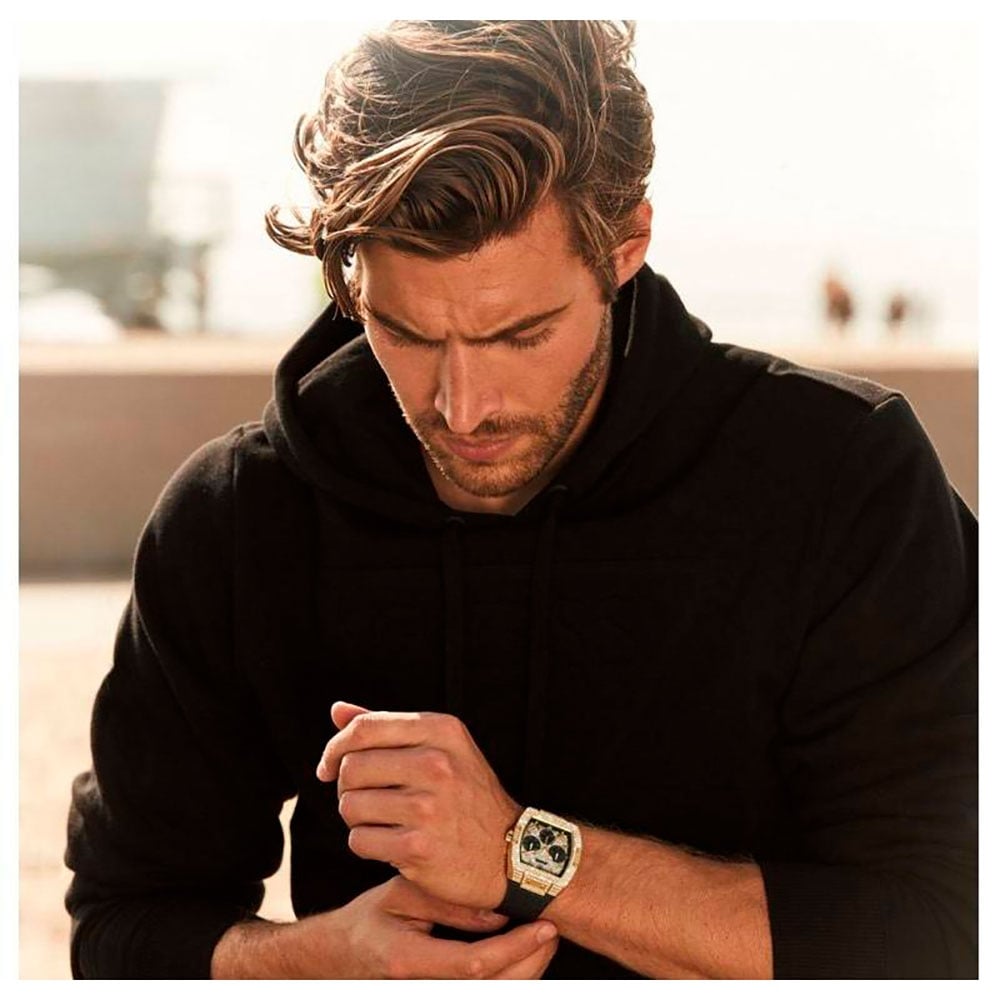 Shop Authentic Guess Phoenix Multifunction Crystals Gold Dial Black Silicone Strap Watch For Men - GW0048G2 - Luxxuri