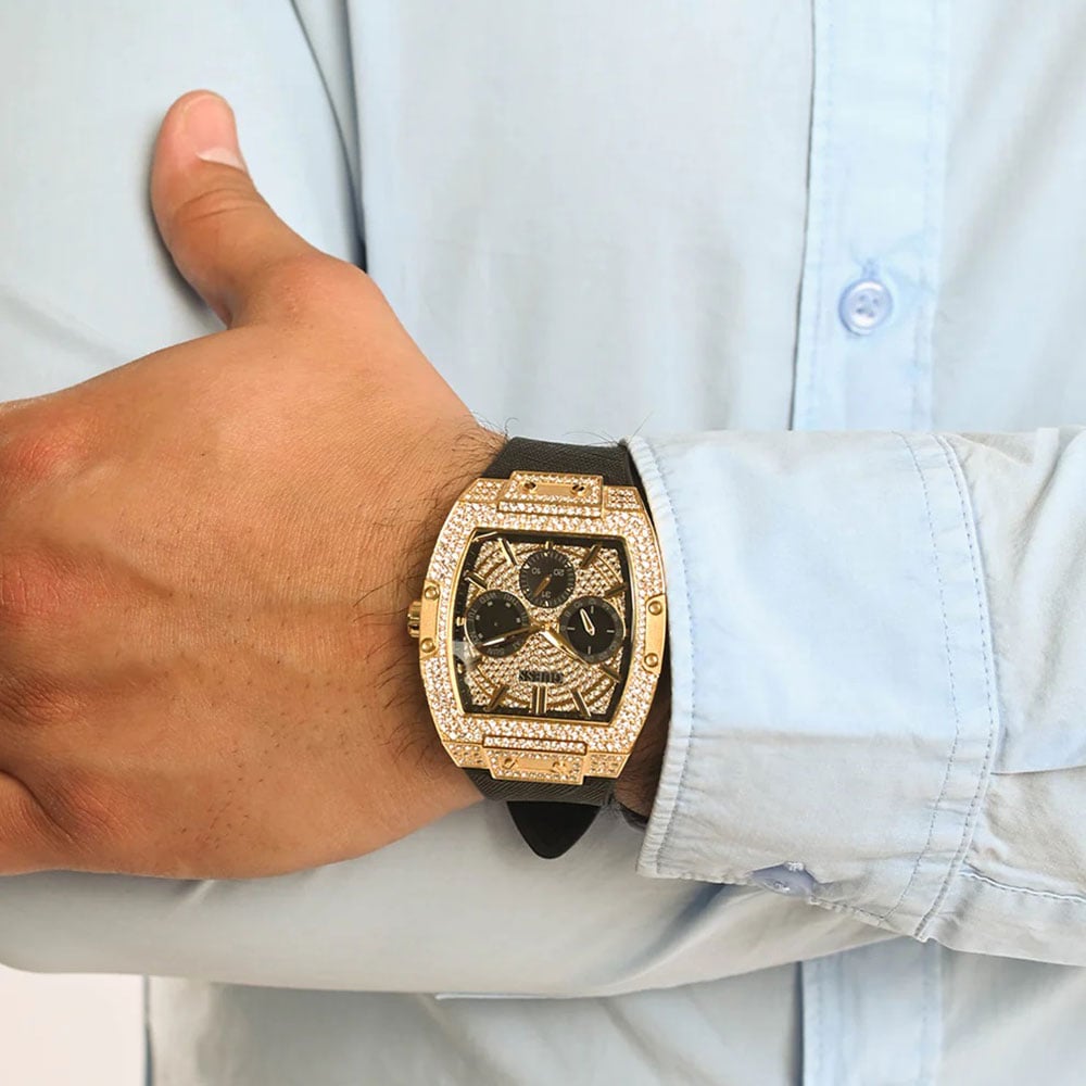 Shop Authentic Guess Phoenix Multifunction Crystals Gold Dial Black Silicone Strap Watch For Men - GW0048G2 - Luxxuri