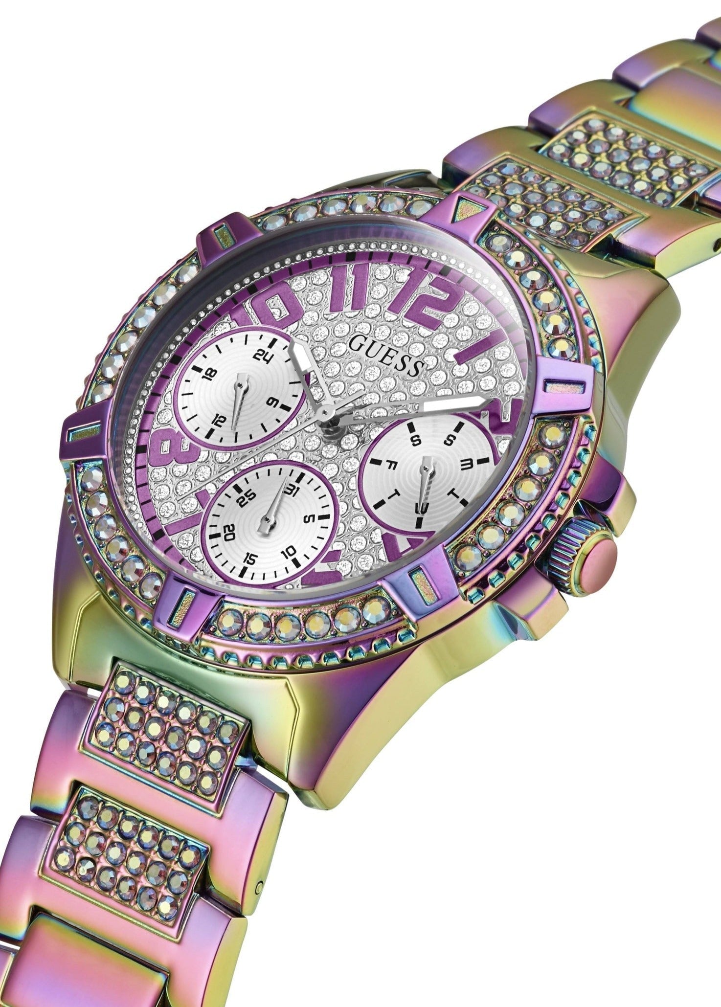 Shop Authentic Guess Lady Frontier Diamonds Silver Dial Multicolor Steel Strap Watch for Women - GW0044L1 - Luxxuri