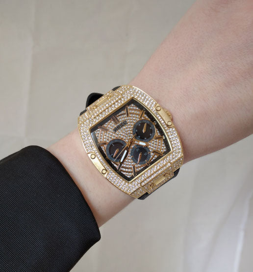 Shop Authentic Guess Phoenix Multifunction Crystals Gold Dial Black Silicone Strap Watch For Men - GW0048G2 - Luxxuri