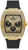 Shop Authentic Guess Phoenix Multifunction Crystals Gold Dial Black Silicone Strap Watch For Men - GW0048G2 - Luxxuri