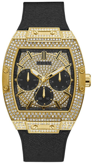 Shop Authentic Guess Phoenix Multifunction Crystals Gold Dial Black Silicone Strap Watch For Men - GW0048G2 - Luxxuri