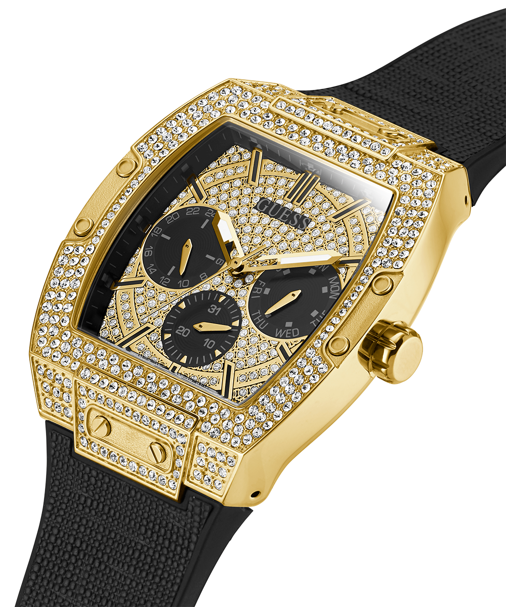 Guess Phoenix Multifunction Crystals Gold Dial Black Silicone Strap Watch For Men - GW0048G2
