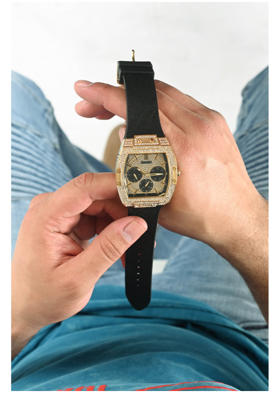 Shop Authentic Guess Phoenix Multifunction Crystals Gold Dial Black Silicone Strap Watch For Men - GW0048G2 - Luxxuri