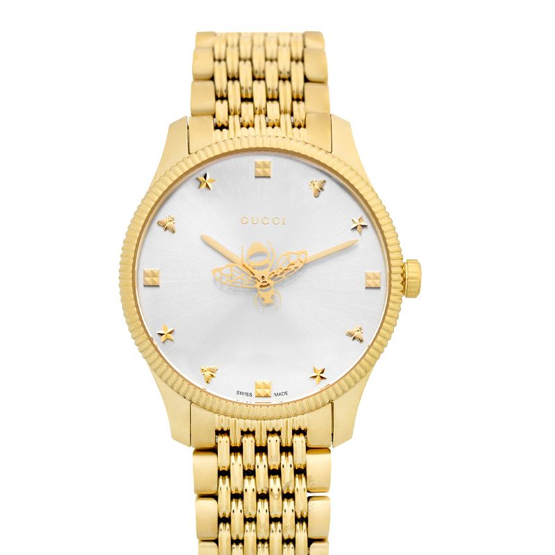 Shop Authentic Gucci G Timeless Quartz Silver Dial Gold Steel Strap Watch For Women - YA1264155 - Luxxuri