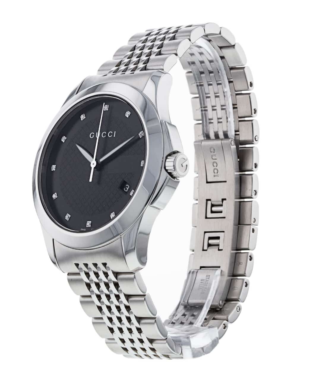 Shop Authentic Gucci G Timeless Diamonds Black Dial Silver Steel Strap Watch For Men - YA126405 - Luxxuri