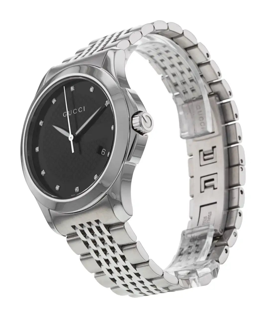 Shop Authentic Gucci G Timeless Diamonds Black Dial Silver Steel Strap Watch For Men - YA126405 - Luxxuri