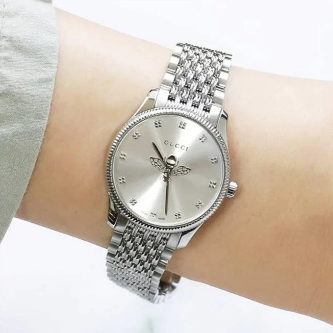 Shop Authentic Gucci G Timeless Quartz Silver Dial Silver Steel Strap Watch For Women - YA1265019 - Luxxuri