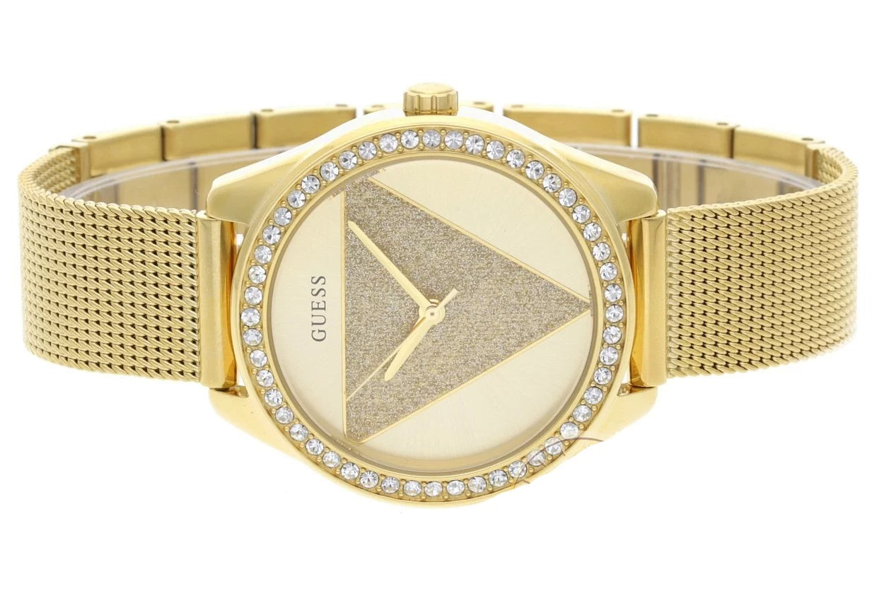 Guess Tri Glitz Quartz Diamonds Gold Dial Gold Mesh Bracelet Watch For Women - W1142L2