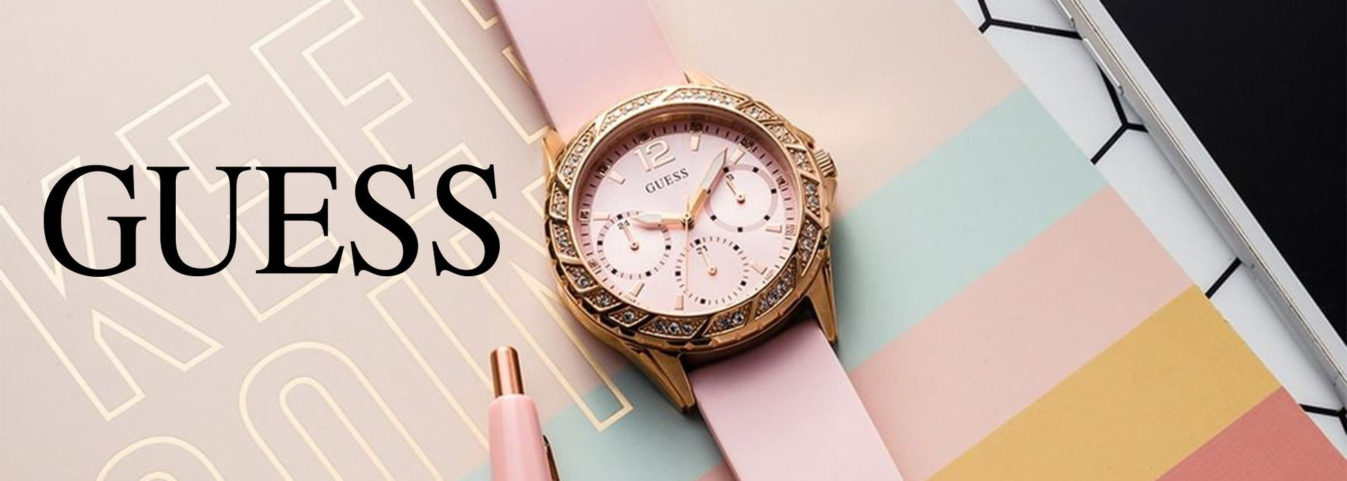Guess Sparkling Diamonds Pink Dial Pink Rubber Strap Watch for Women - W0032L9
