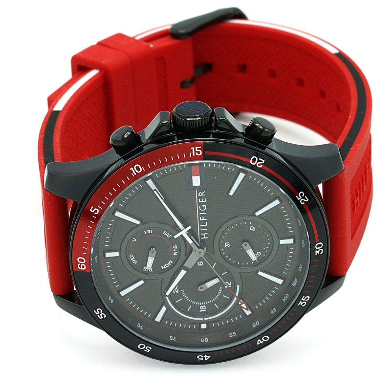 Tommy Hilfiger Multifunction Quartz Black Dial Red Rubber Strap Watch for Men - 1791722