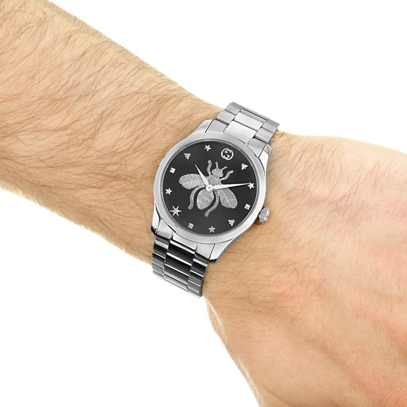Shop Authentic Gucci G Timeless Quartz Black Dial Silver Steel Strap Watch For Women - YA1264136 - Luxxuri