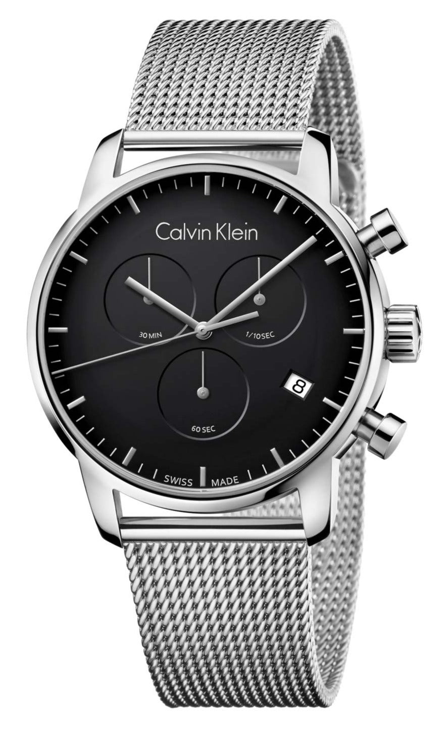 Shop Authentic Calvin Klein City Chronograph Black Dial Silver Mesh Bracelet Watch for Men - K2G27121 - Luxxuri