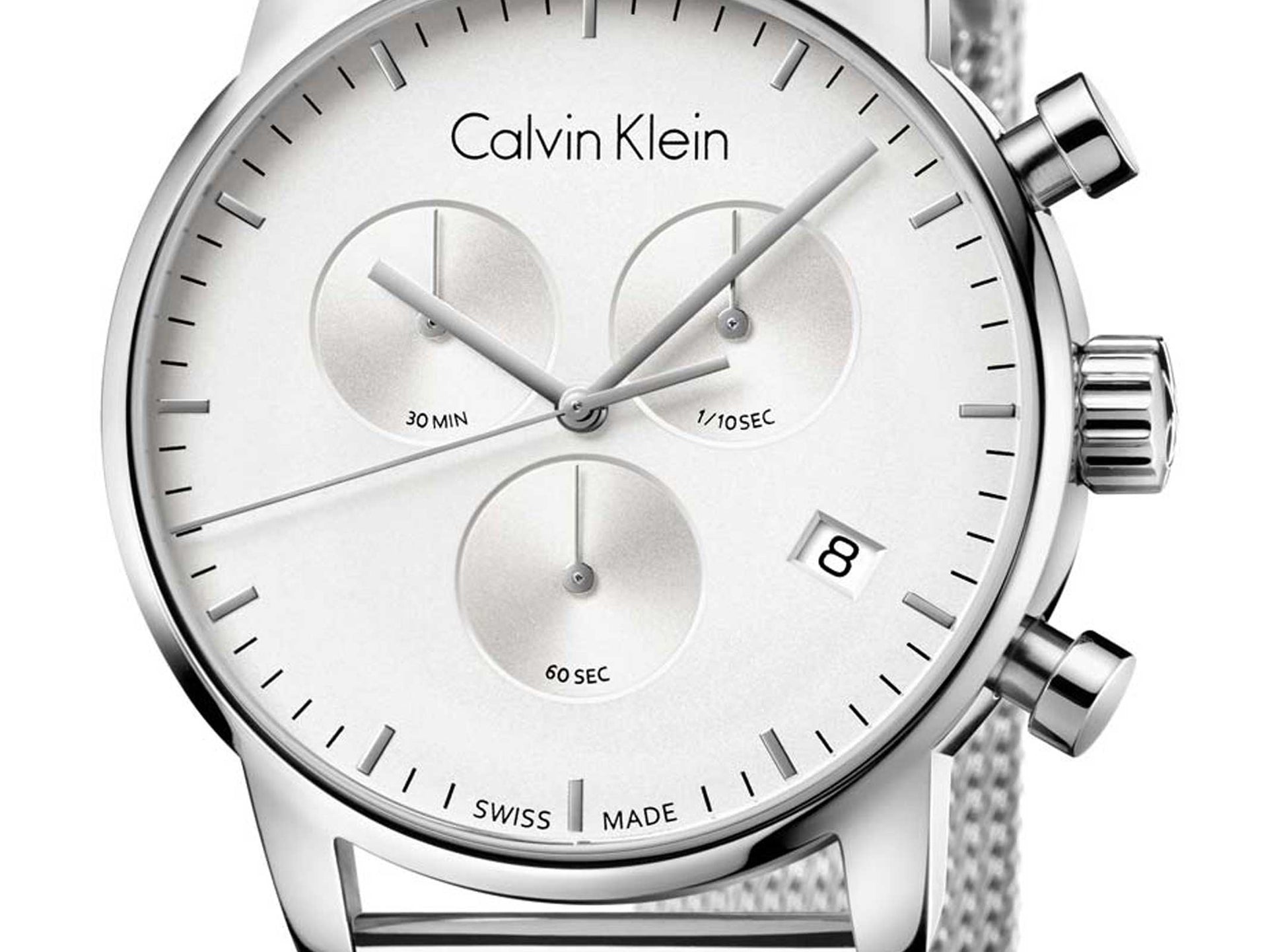 Shop Authentic Calvin Klein City Chronograph White Dial Silver Mesh Bracelet Watch for Men - K2G27126 - Luxxuri