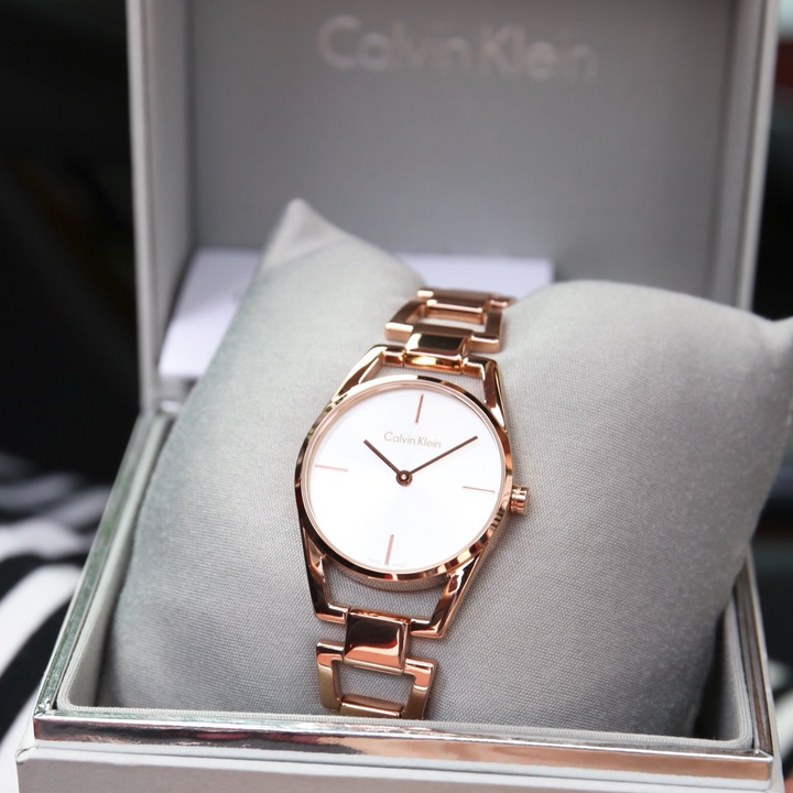 Shop Authentic Calvin Klein Dainty White Dial Rose Gold Steel Strap Watch for Women - K7L23646 - Luxxuri