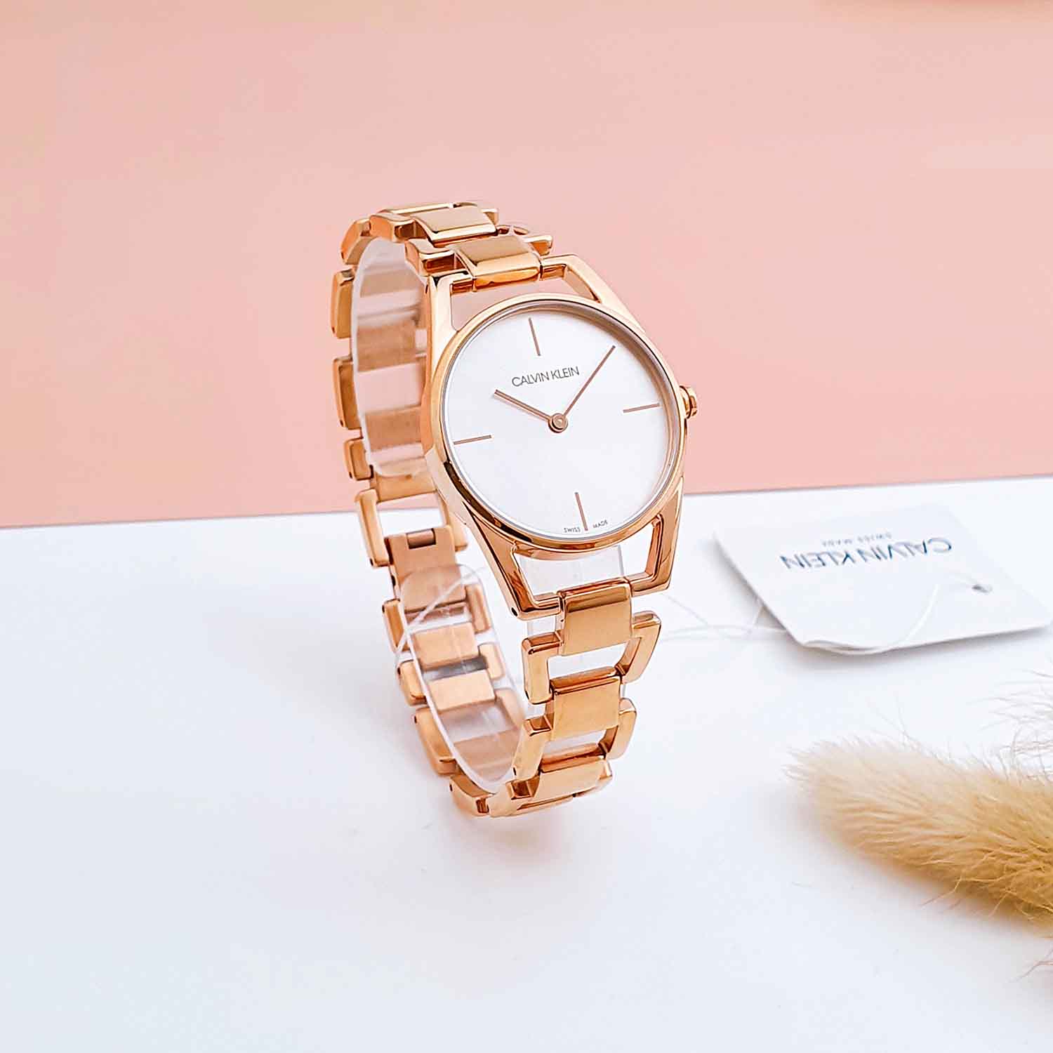 Shop Authentic Calvin Klein Dainty White Dial Rose Gold Steel Strap Watch for Women - K7L23646 - Luxxuri