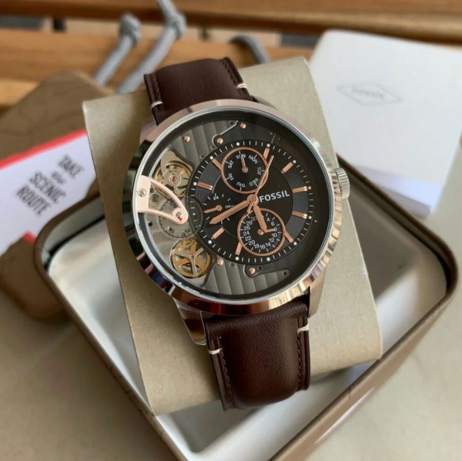 Fossil Townsman Automatic Black Dial Brown Leather Strap Watch for Men - ME1163