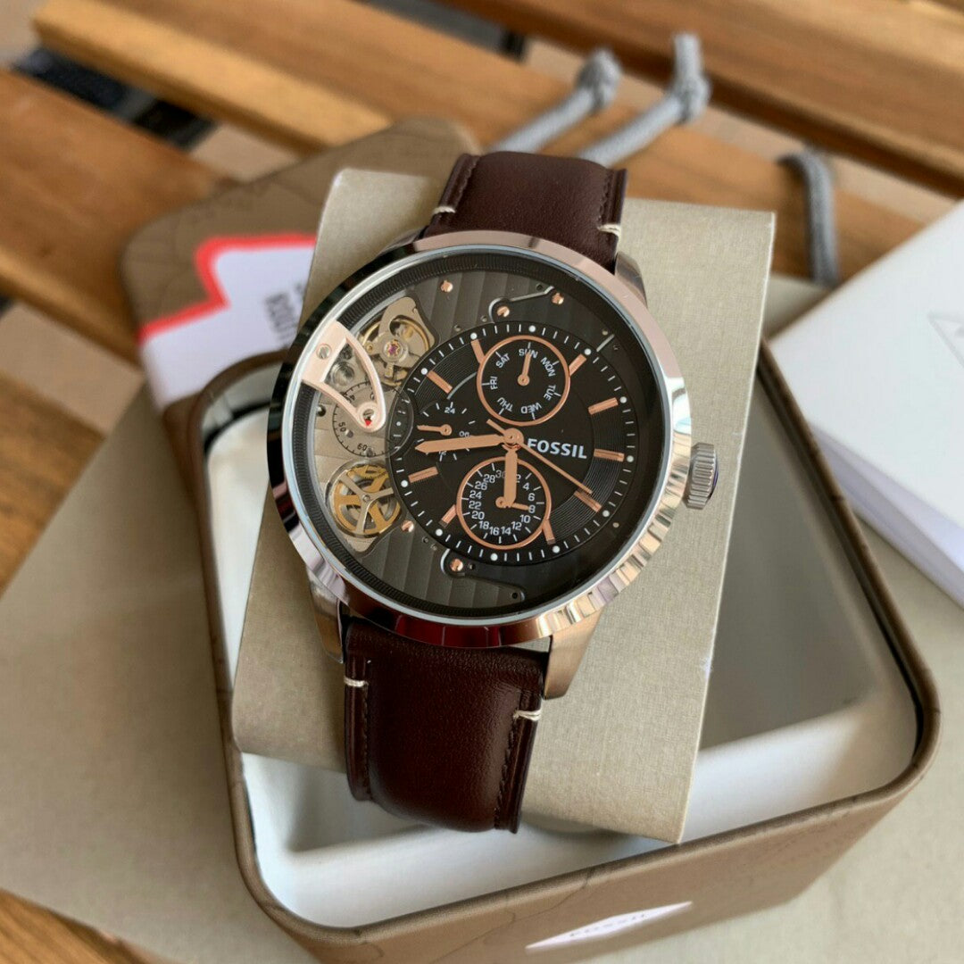 Fossil Townsman Automatic Black Dial Brown Leather Strap Watch for Men - ME1163