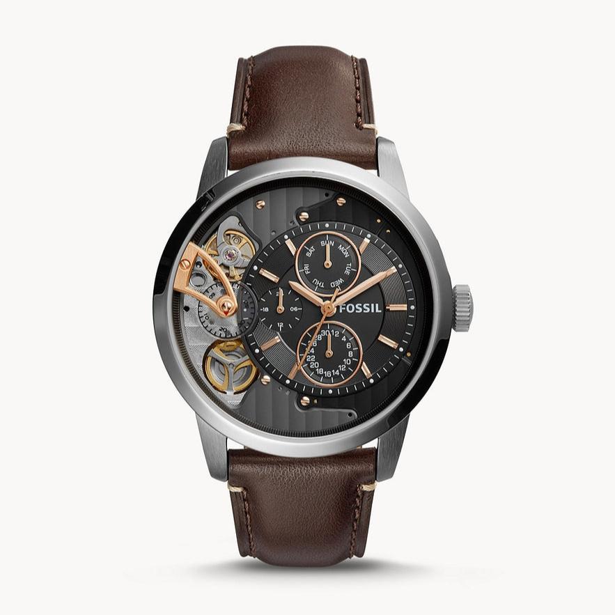 Fossil Townsman Automatic Black Dial Brown Leather Strap Watch for Men - ME1163