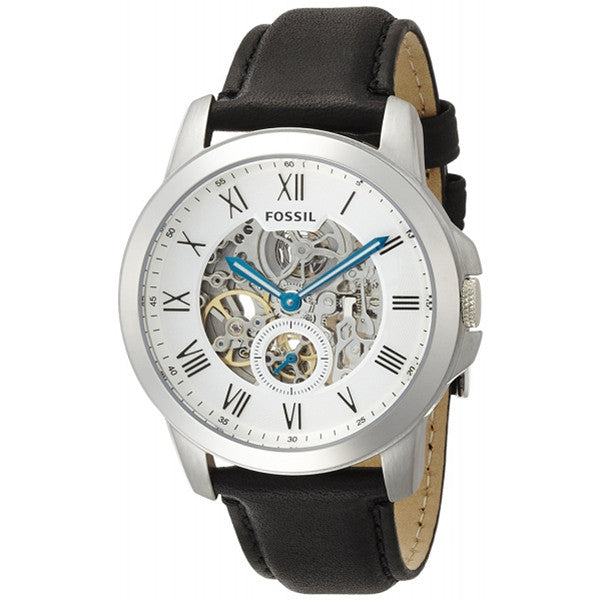 Fossil Grant Skeleton White Dial Black Leather Strap Watch for Men - ME3053