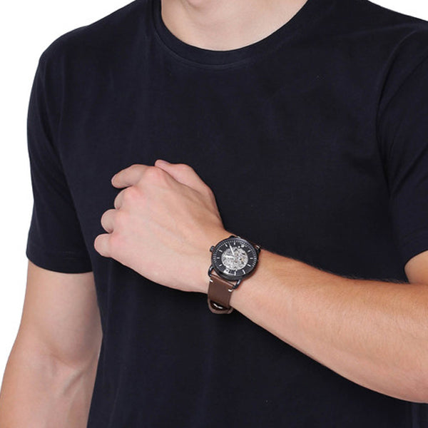 Fossil Commuter Automatic Black Dial Brown Leather Strap Watch for Men - ME3158